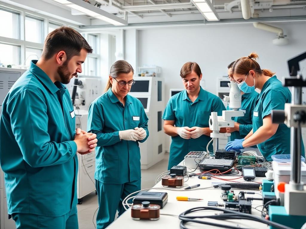 Team of biomedical engineers collaborating in the Yousaf Two repair workshop