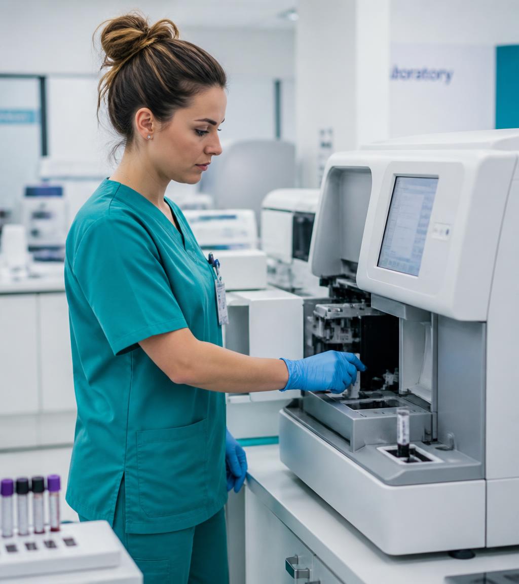 Biomedical technician in teal scrubs calibrating a hospital blood analyzer in a modern laboratory