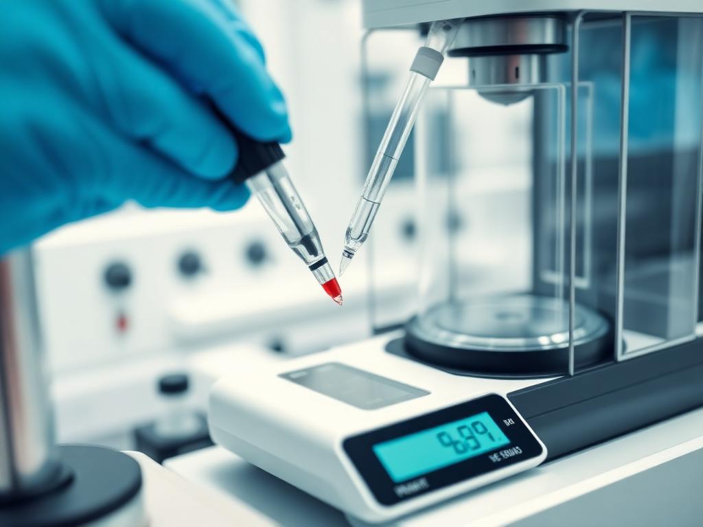Close-up of precision calibration of laboratory instruments with a digital balance