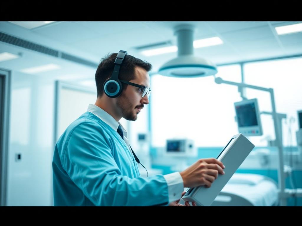 Biomedical engineer running diagnostics on a patient monitor in a hospital room