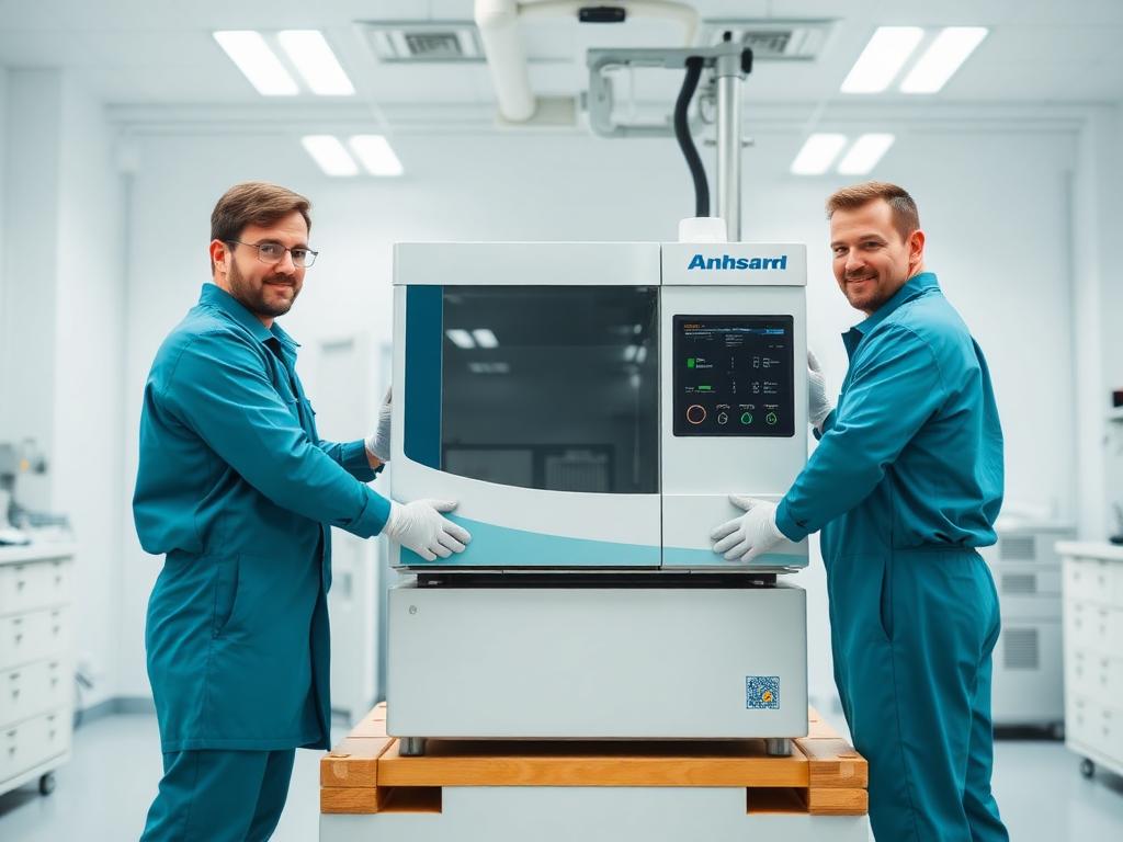 Two engineers installing and commissioning new laboratory equipment