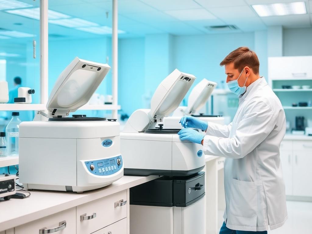 Technician servicing laboratory centrifuges and analytical instruments
