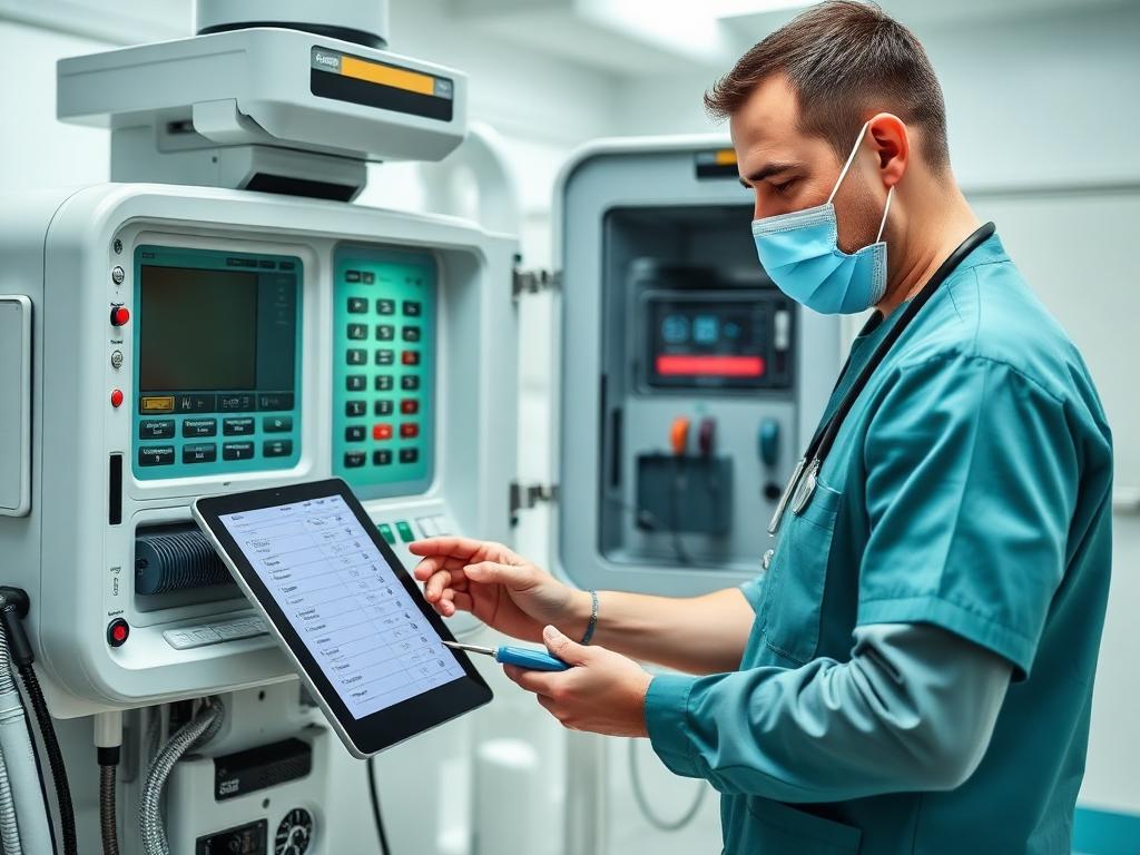 Technician performing scheduled preventive maintenance on medical equipment with a digital checklist