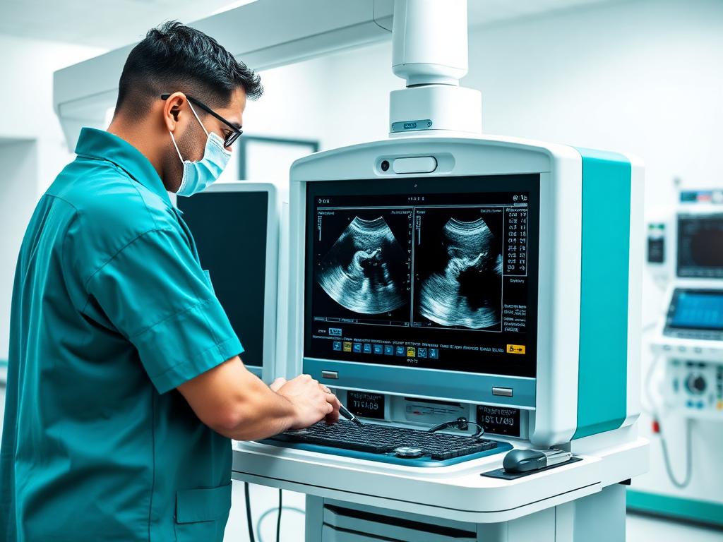 Engineer repairing an ultrasound imaging machine in a clinical environment